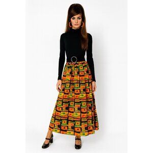 vintage 60s MAXI DRESS long sleeve aztec mod go-go rhinestones colorful S